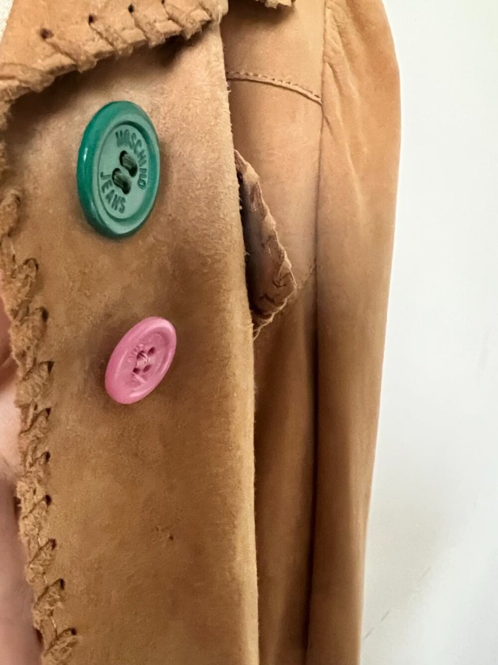 Moschino Camel Tan Suede Leather Jacket w/ multi colored buttons Small/Medium - Picture 3 of 11